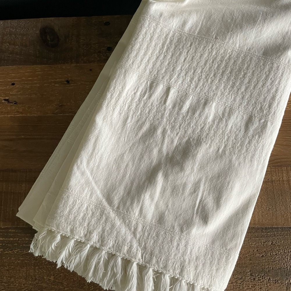 HEARTH & HAND Magnolia Textured Stripe White Cotton Fabric Fringe Shower Curtain
